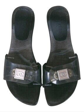 CHANEL Vtg Y2k Black Clear Jelly PVC Plastic CC Logo Slide Sandals Sz 37